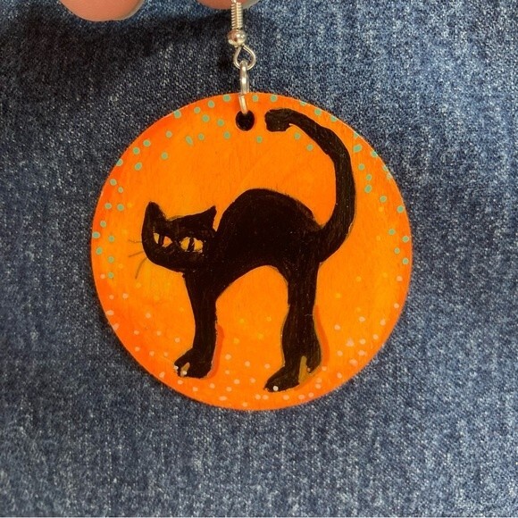 Halloween Black Cat Wooden One-Of-A-Kind Hand Painted Earrings Handmade Witchy - Picture 4 of 10